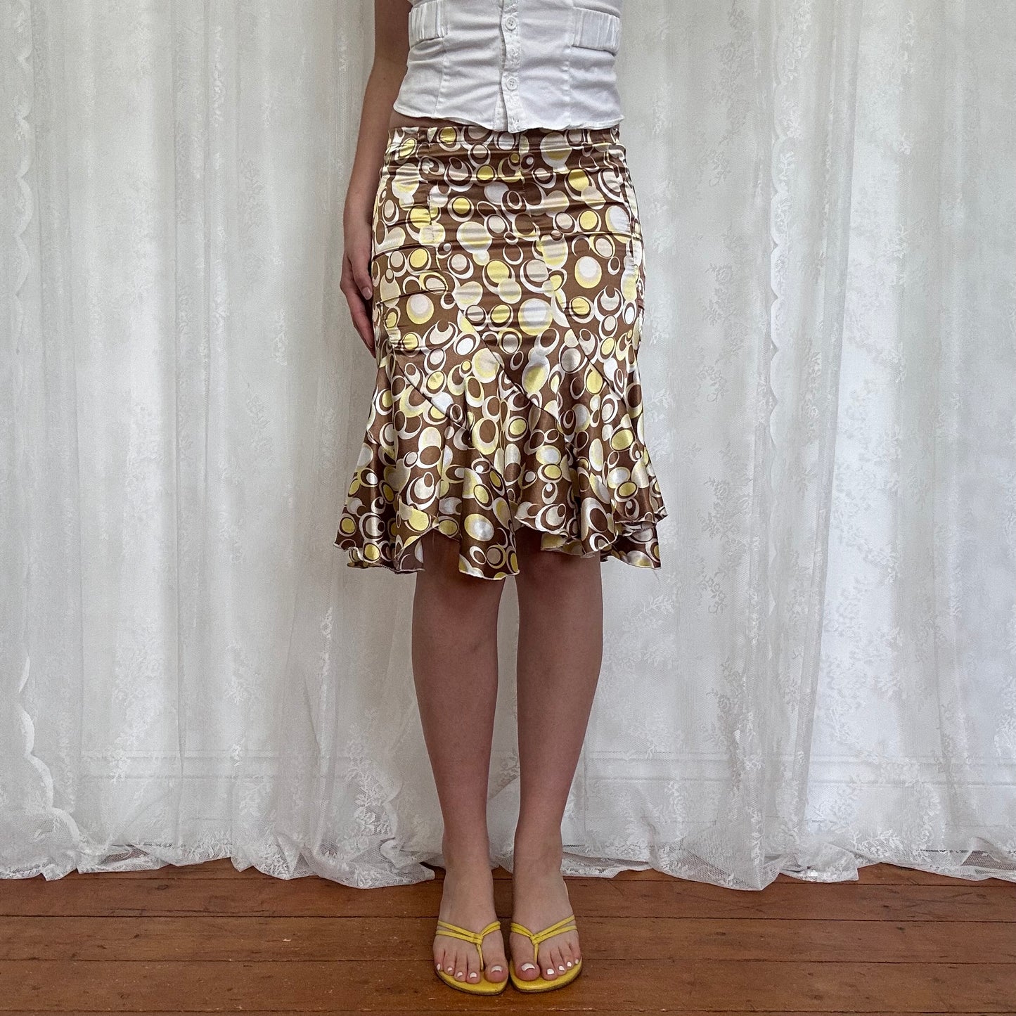 vintage 00s brown satin circle print flared midi skirt