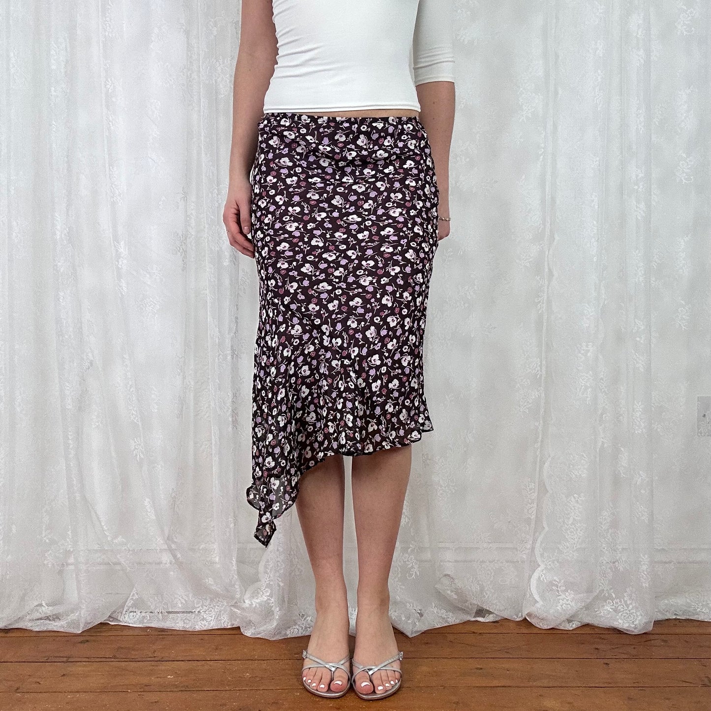 vintage 00s purple floral asymmetrical midi skirt