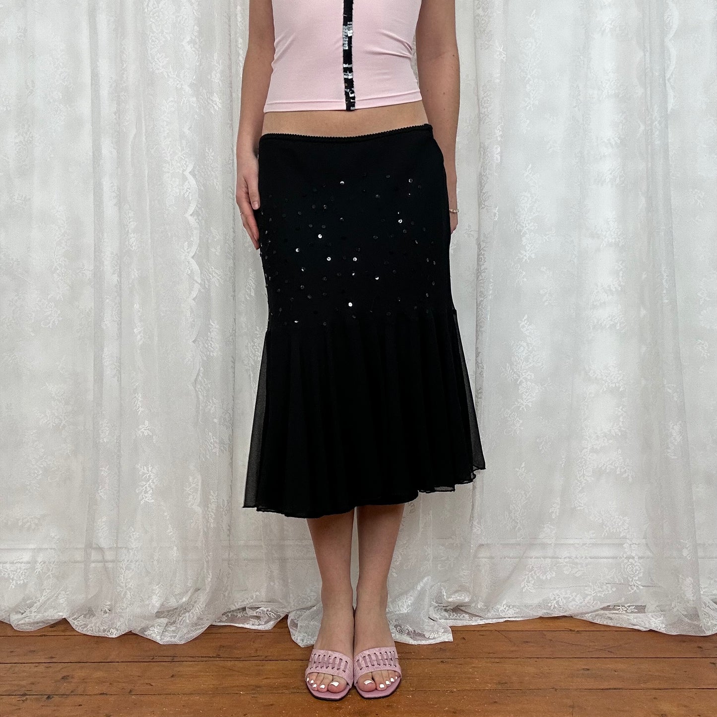 vintage 00s black mesh sequin midi skirt