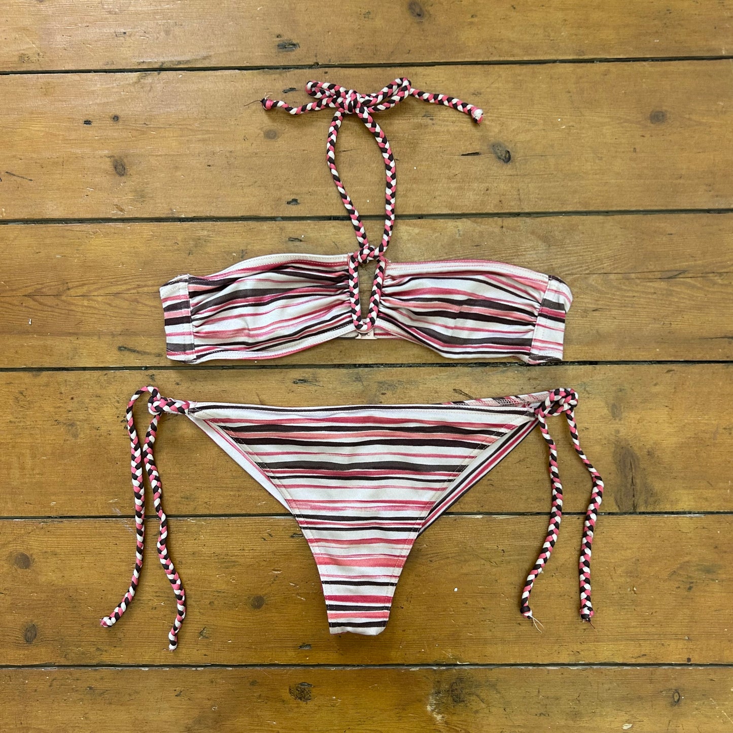 vintage 00s brown and pink stripe bikini