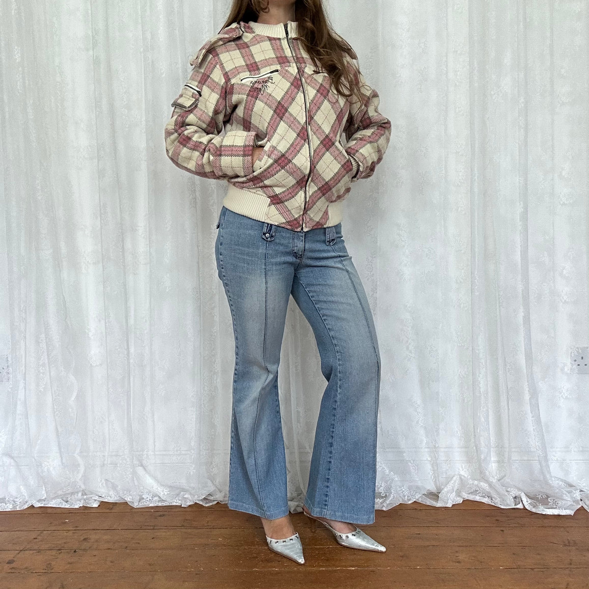 vintage 00s pink and white checkered hooded bomber jacket