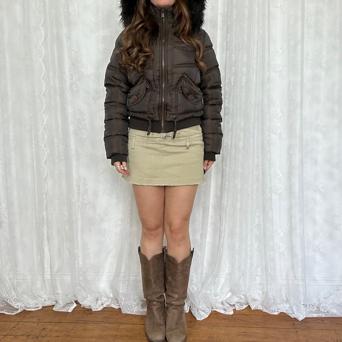 vintage 00s brown zip hooded puffer jacket