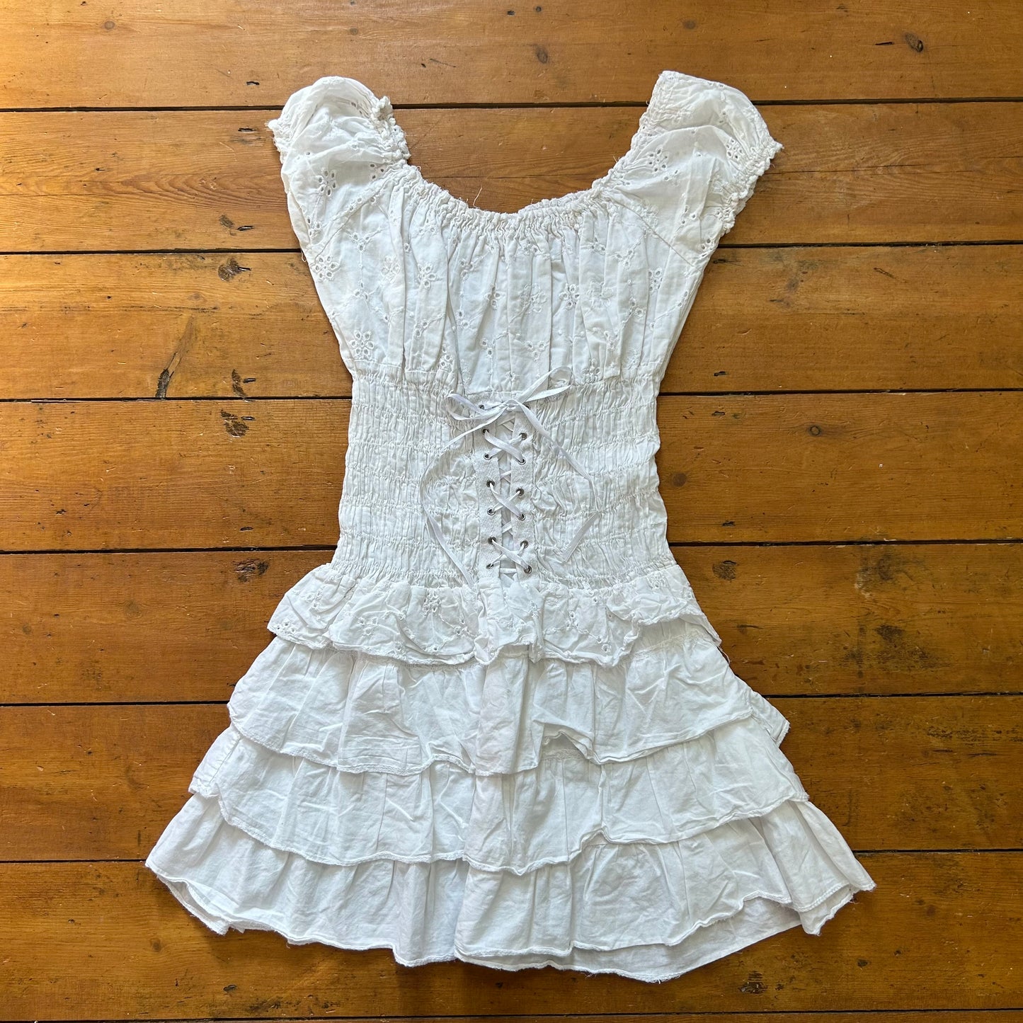 vintage 00s white broderie milkmaid ruffle mini dress