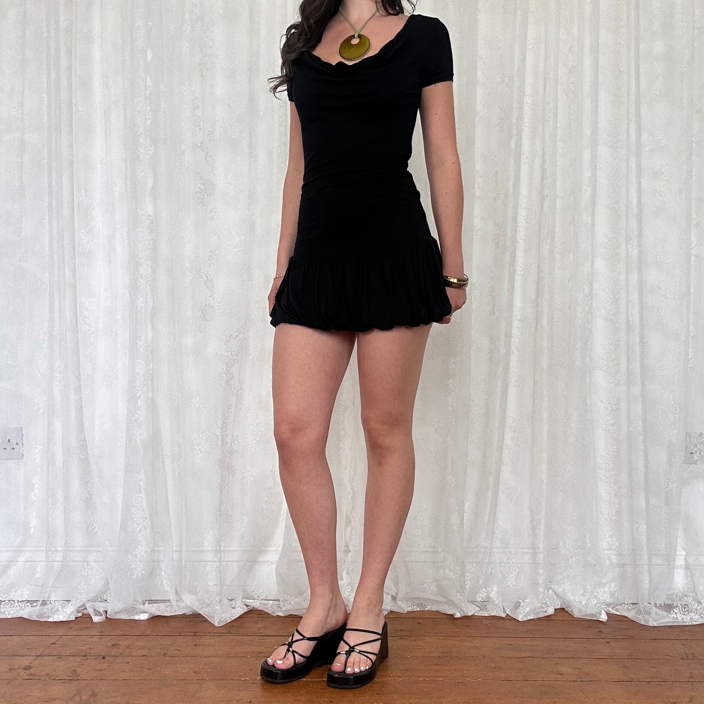 vintage 00s black cowl neck bubble mini dress