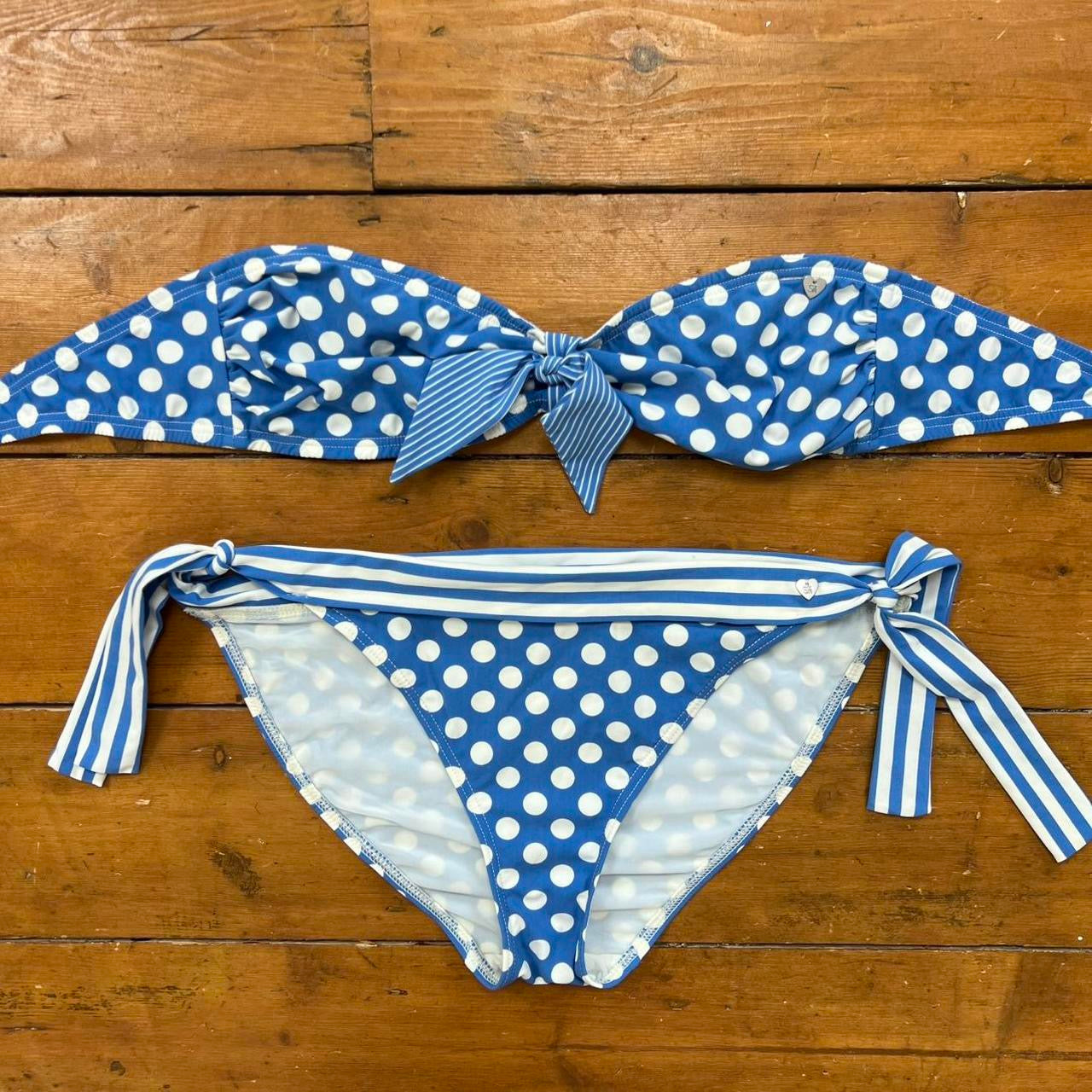 vintage 00s blue polka dot strapless bikini set