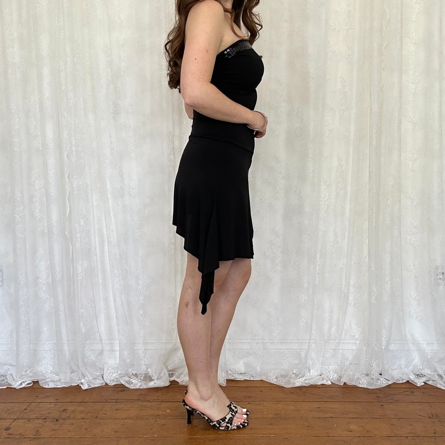 vintage 00s black strapless sequin fairy hem mini dress