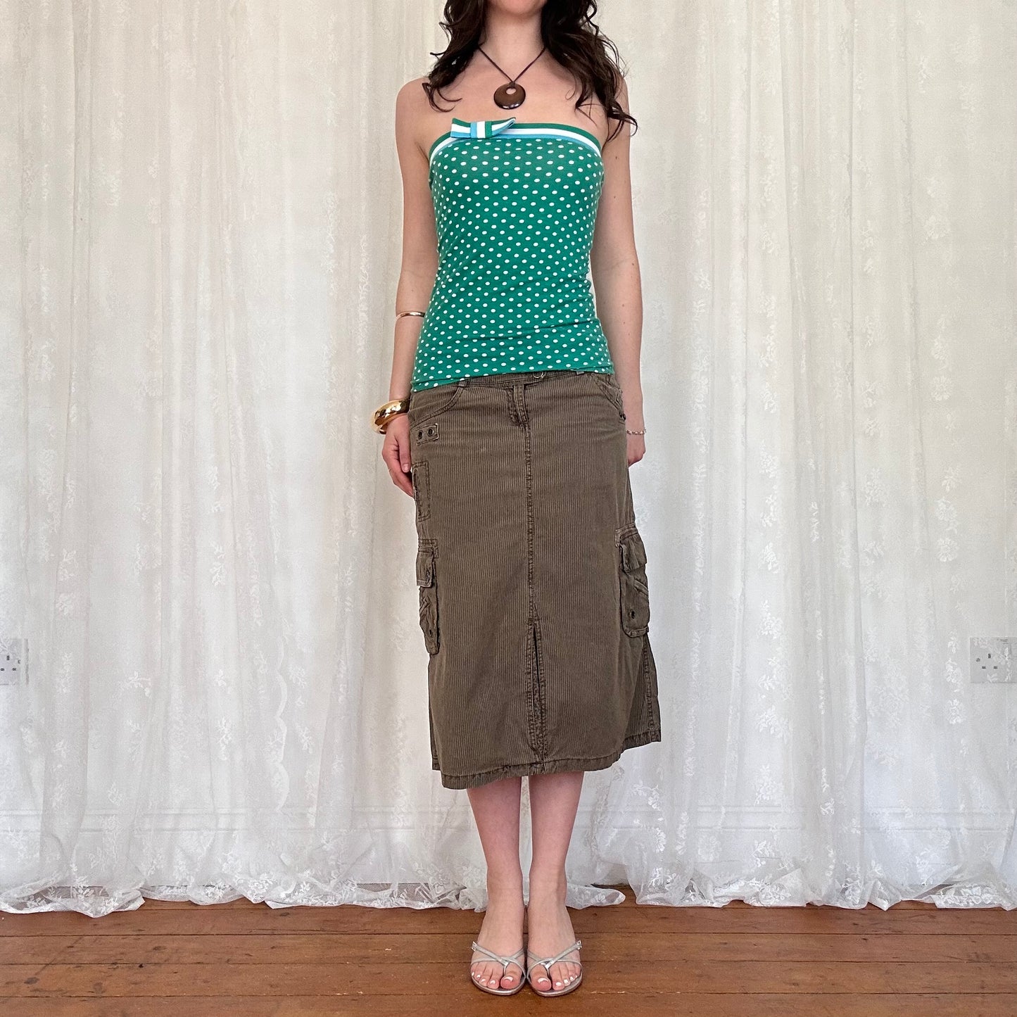 vintage 00s green polka dot strapless top