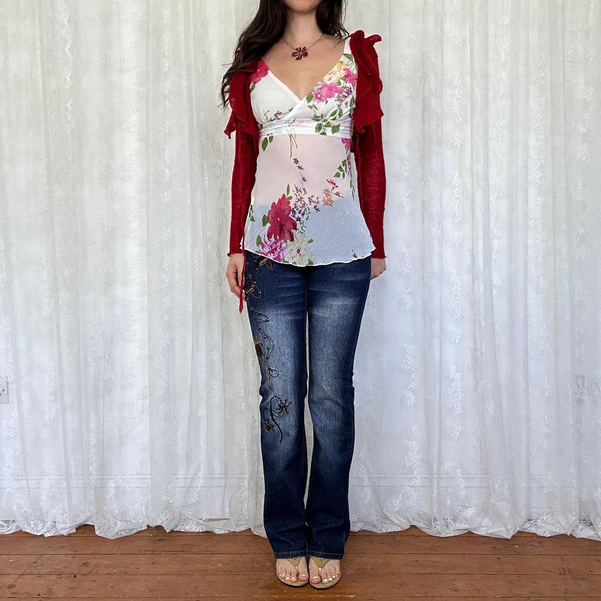 vintage 00s red ruffle tie up bolero