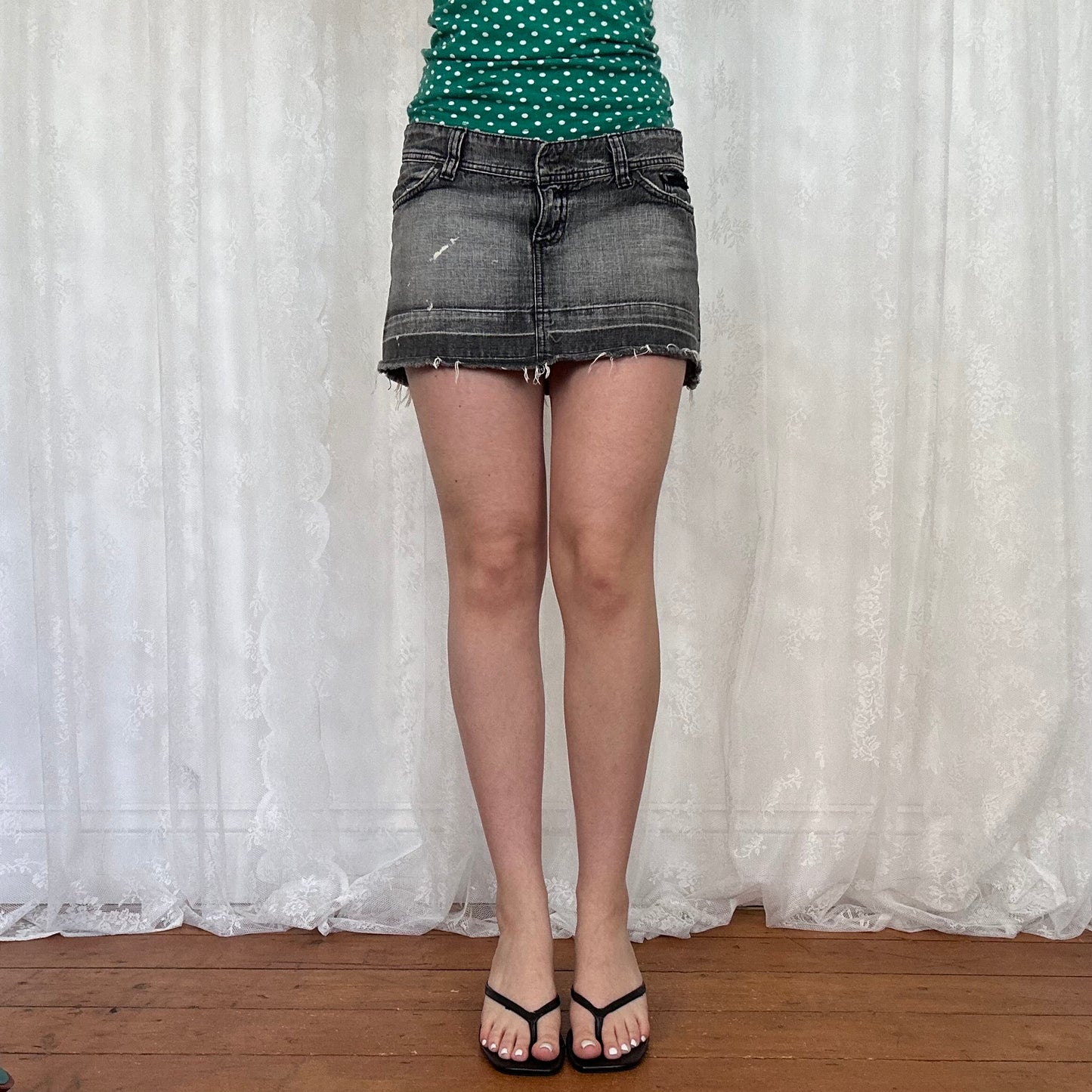 vintage 00s washed grey denim distressed mini skirt