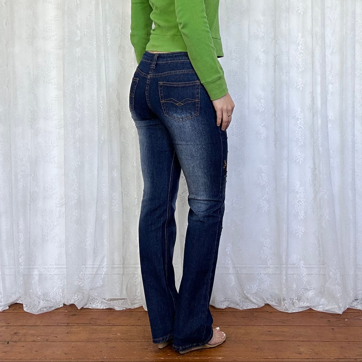 vintage 00s dark wash straight leg jeans with studs and embroidery
