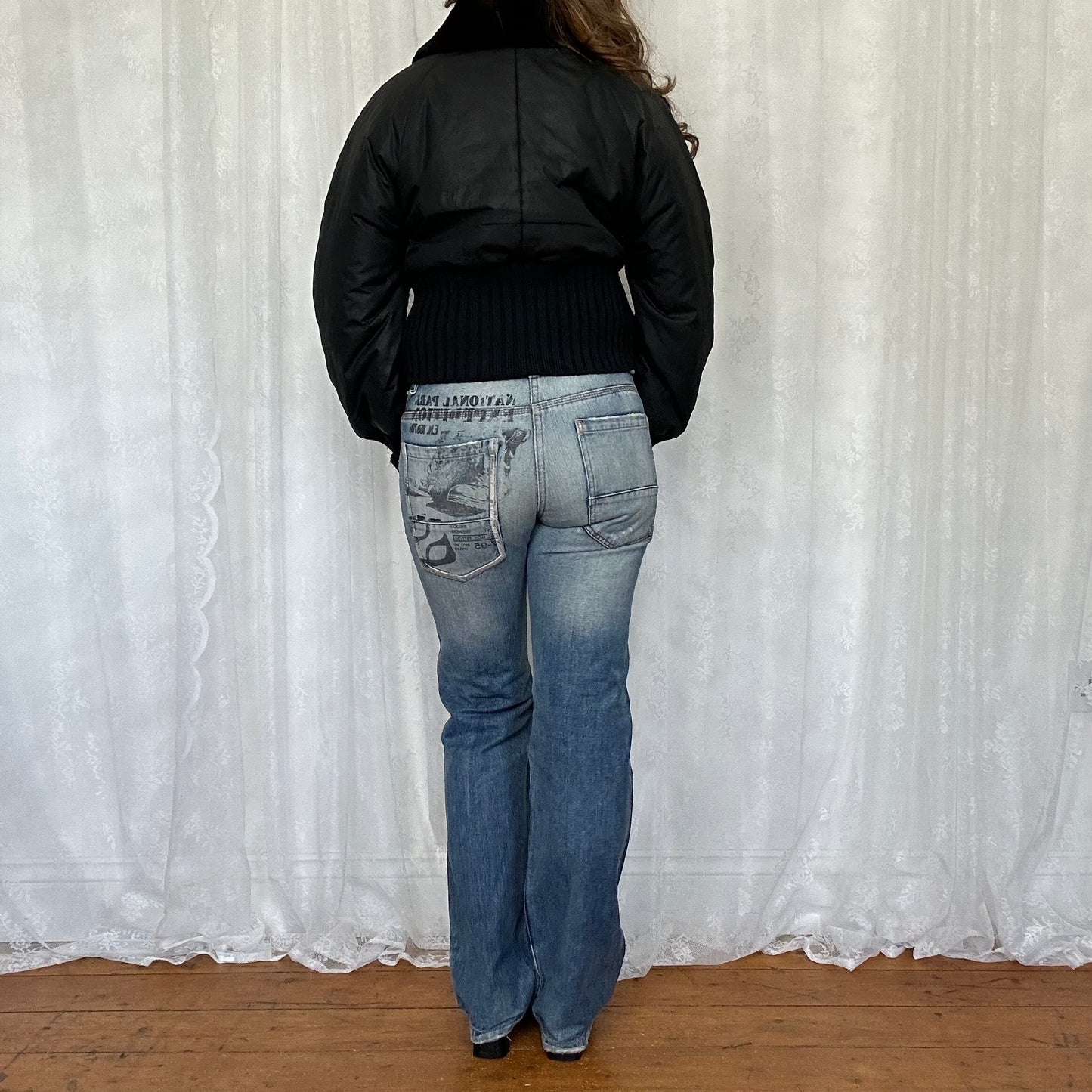 vintage 00s black cinched waist bomber jacket