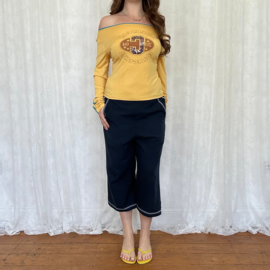vintage 00s mustard yellow sequin varsity graphic top