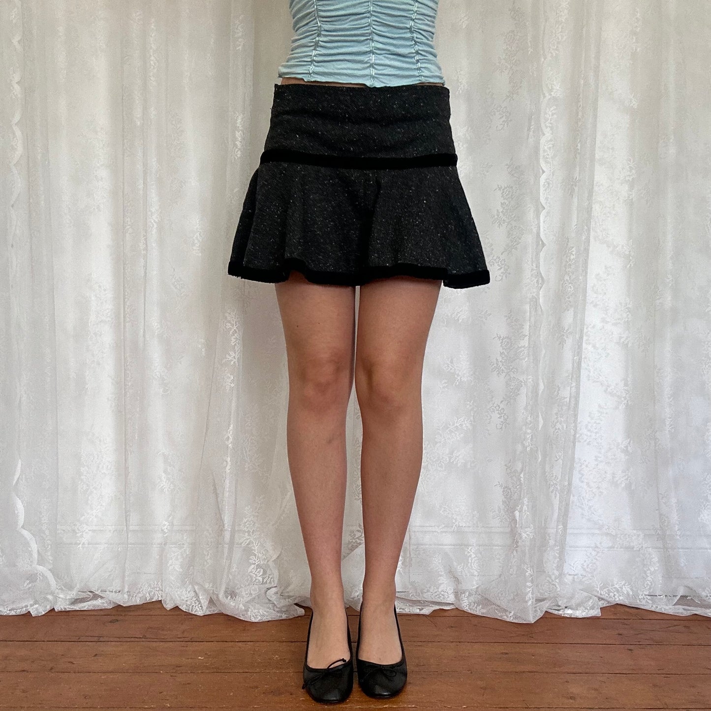 vintage 00s grey tweed office siren mini skirt