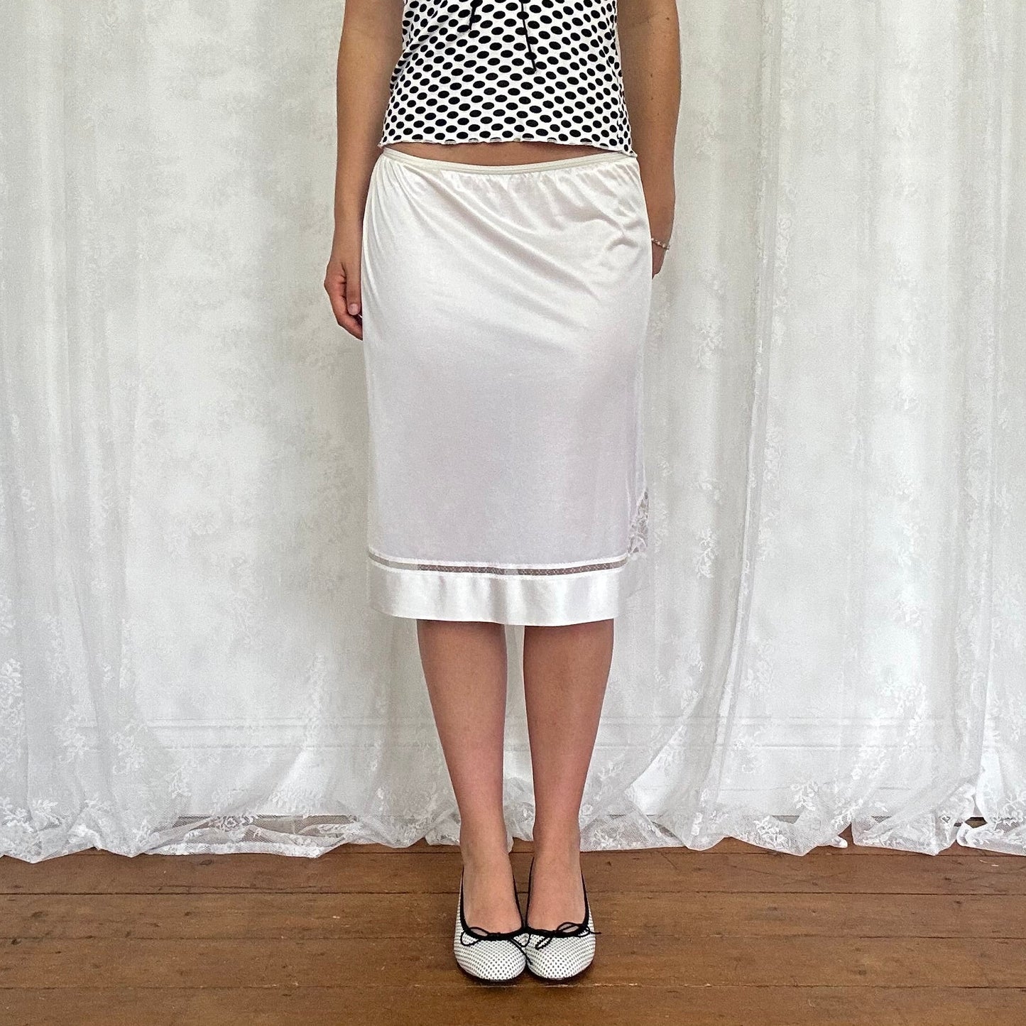 vintage 00s white satin lace detail midi skirt