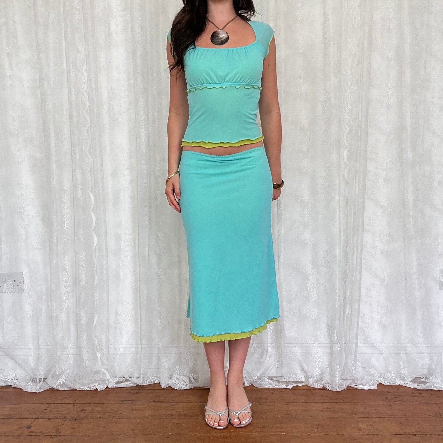 vintage 00s teal and lime green mesh milkmaid top and midi skirt co ord