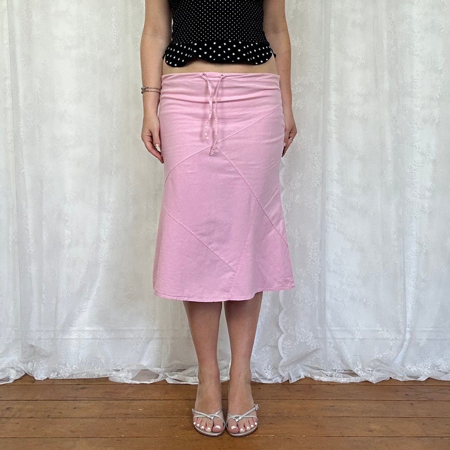 vintage 00s baby pink linen midi skirt