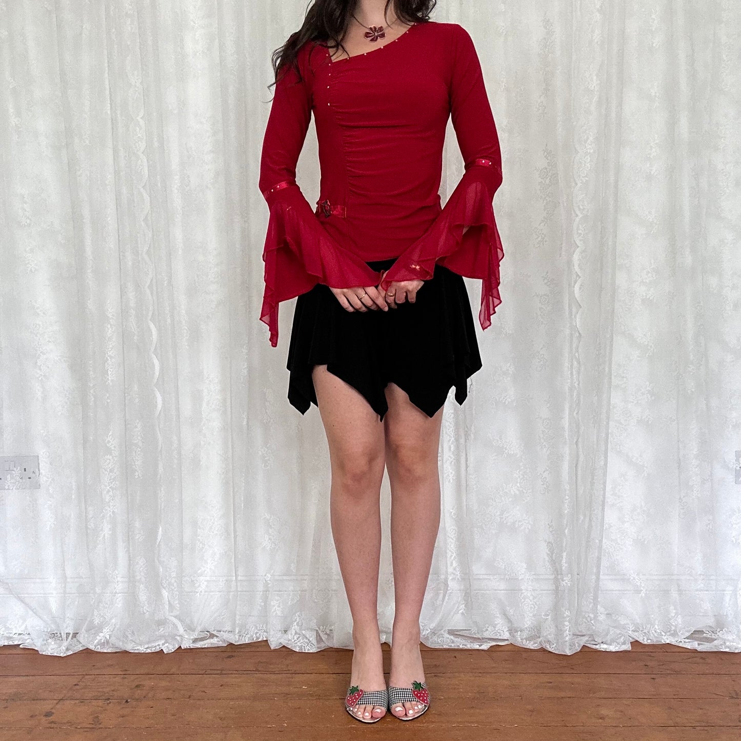 vintage 00s red asymmetrical flared sleeve top