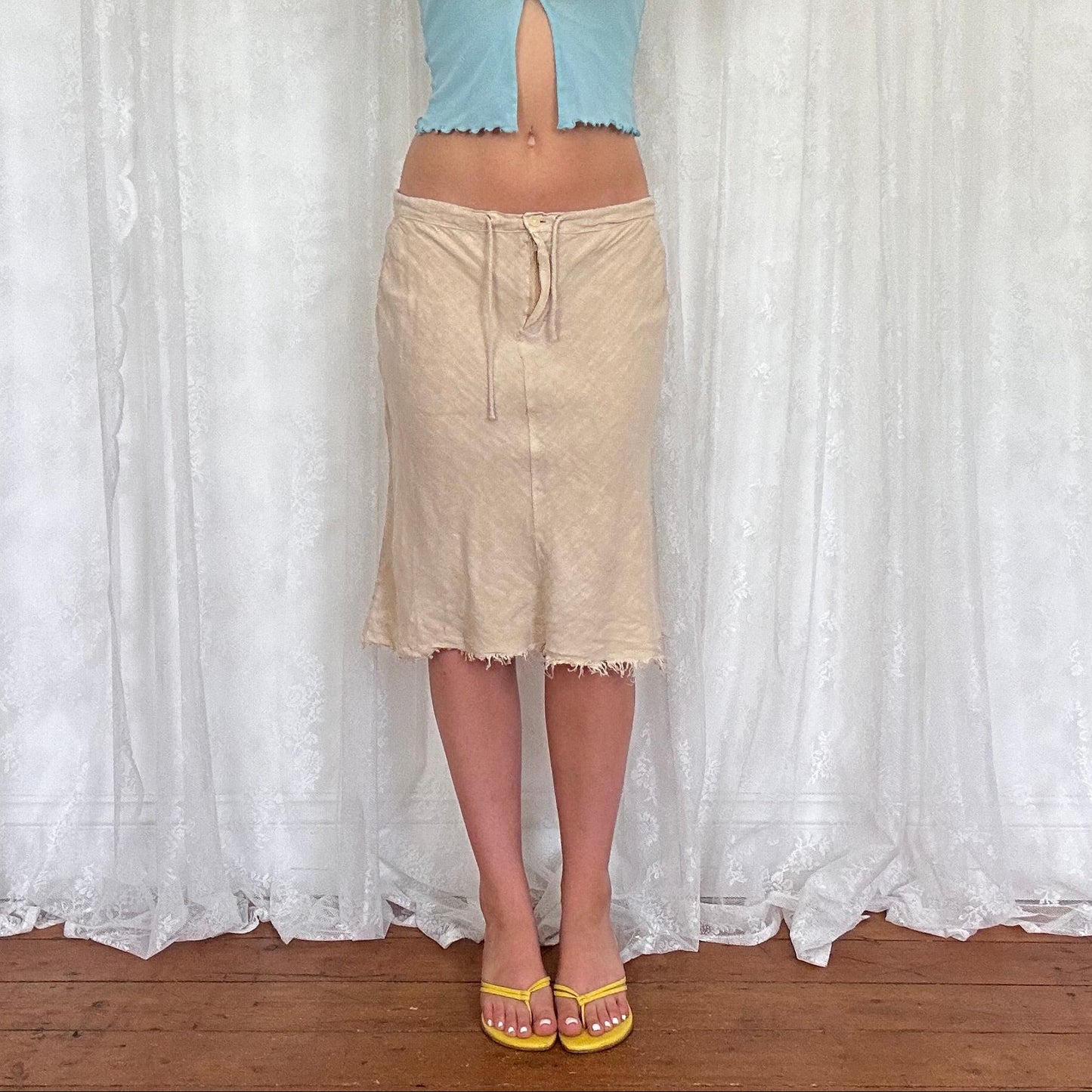 vintage 00s beige linen midi skirt