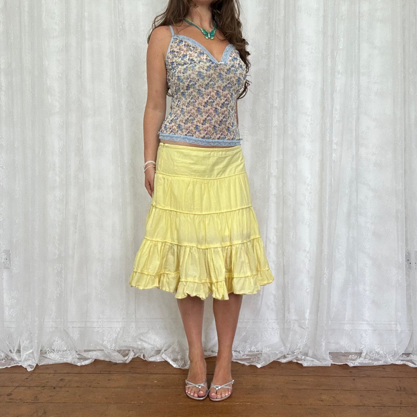 vintage 00s yellow tiered midi skirt