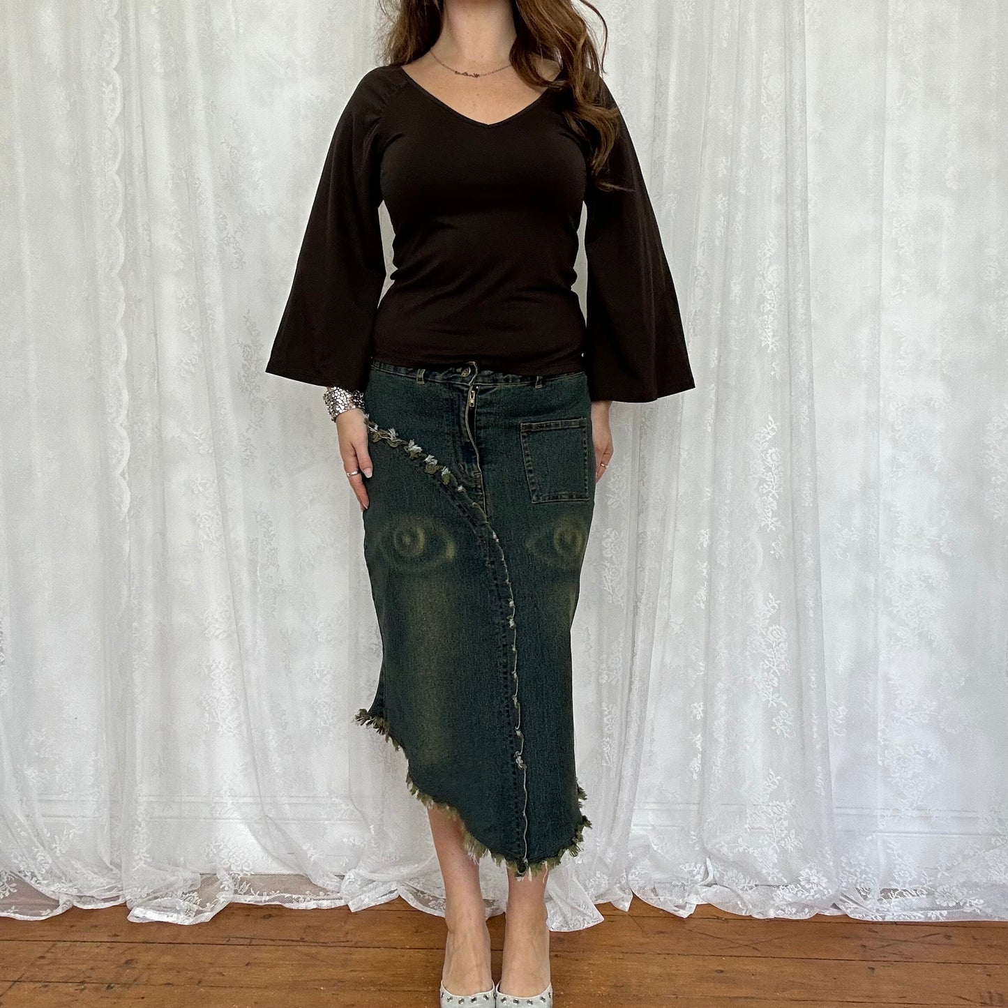 vintage 00s green and blue bleached denim midi skirt