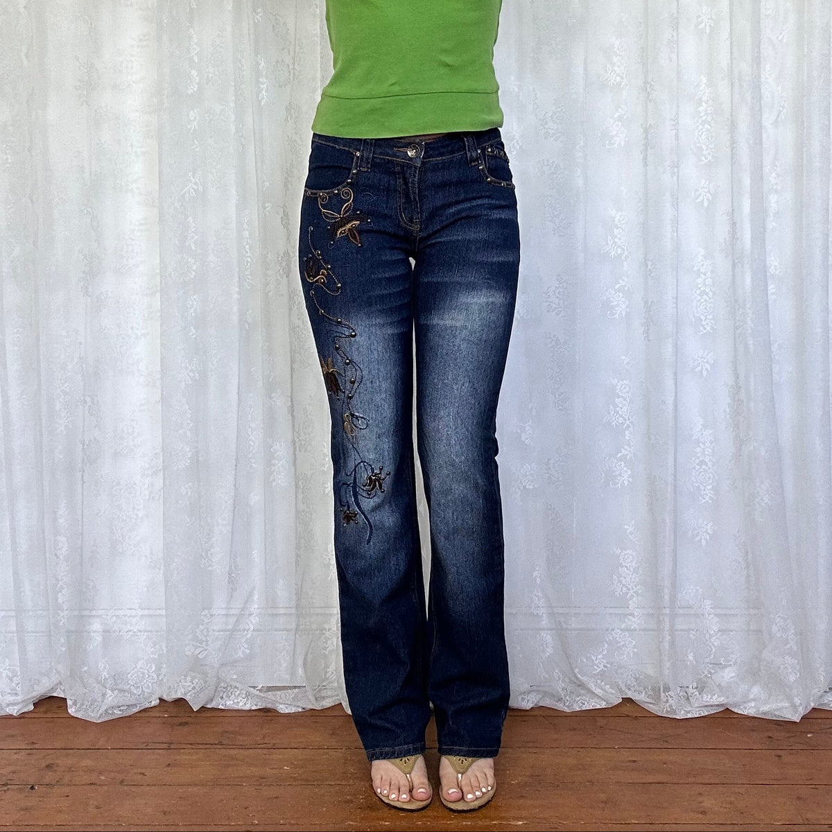 vintage 00s dark wash straight leg jeans with studs and embroidery