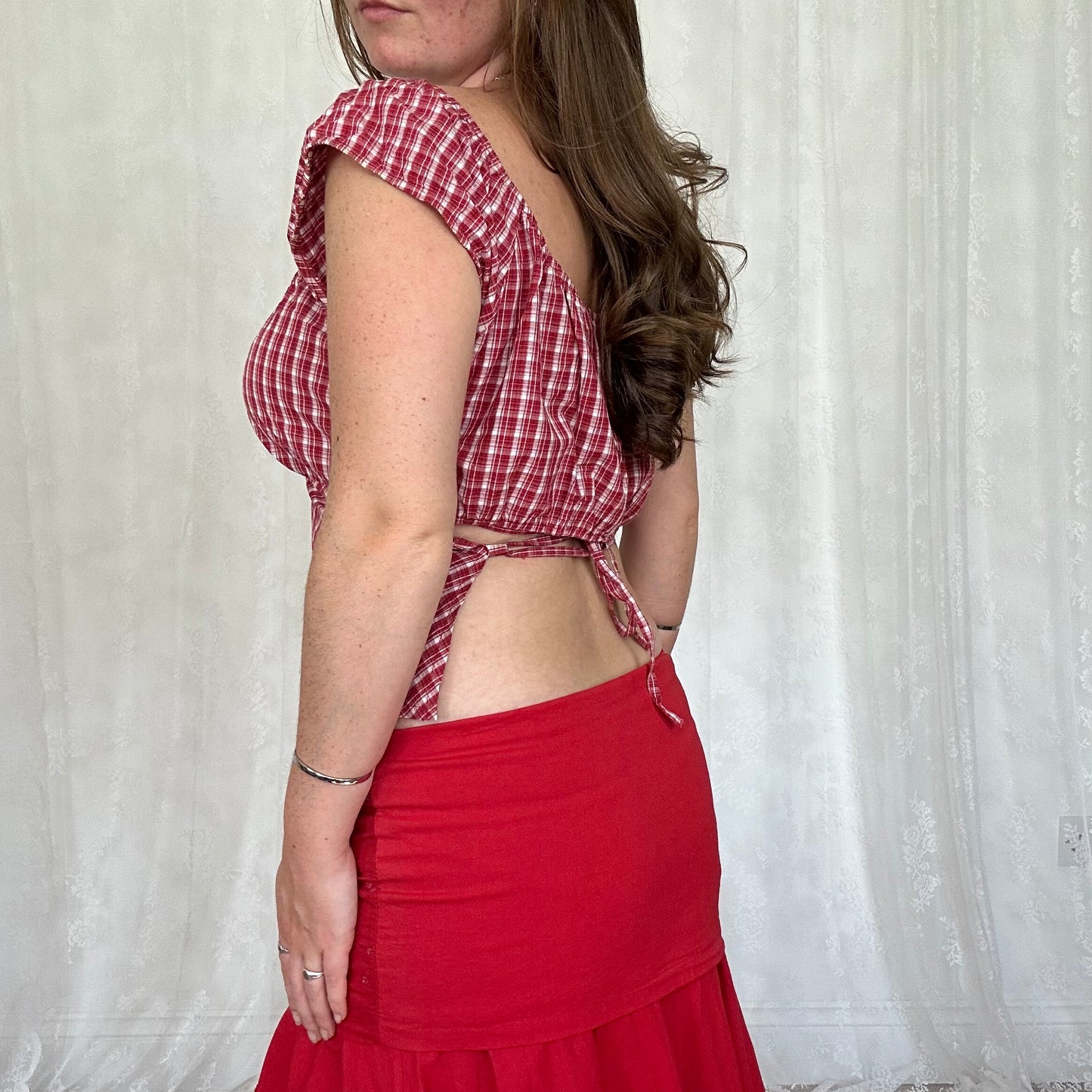 vintage 00s red checkered tie back milkmaid top