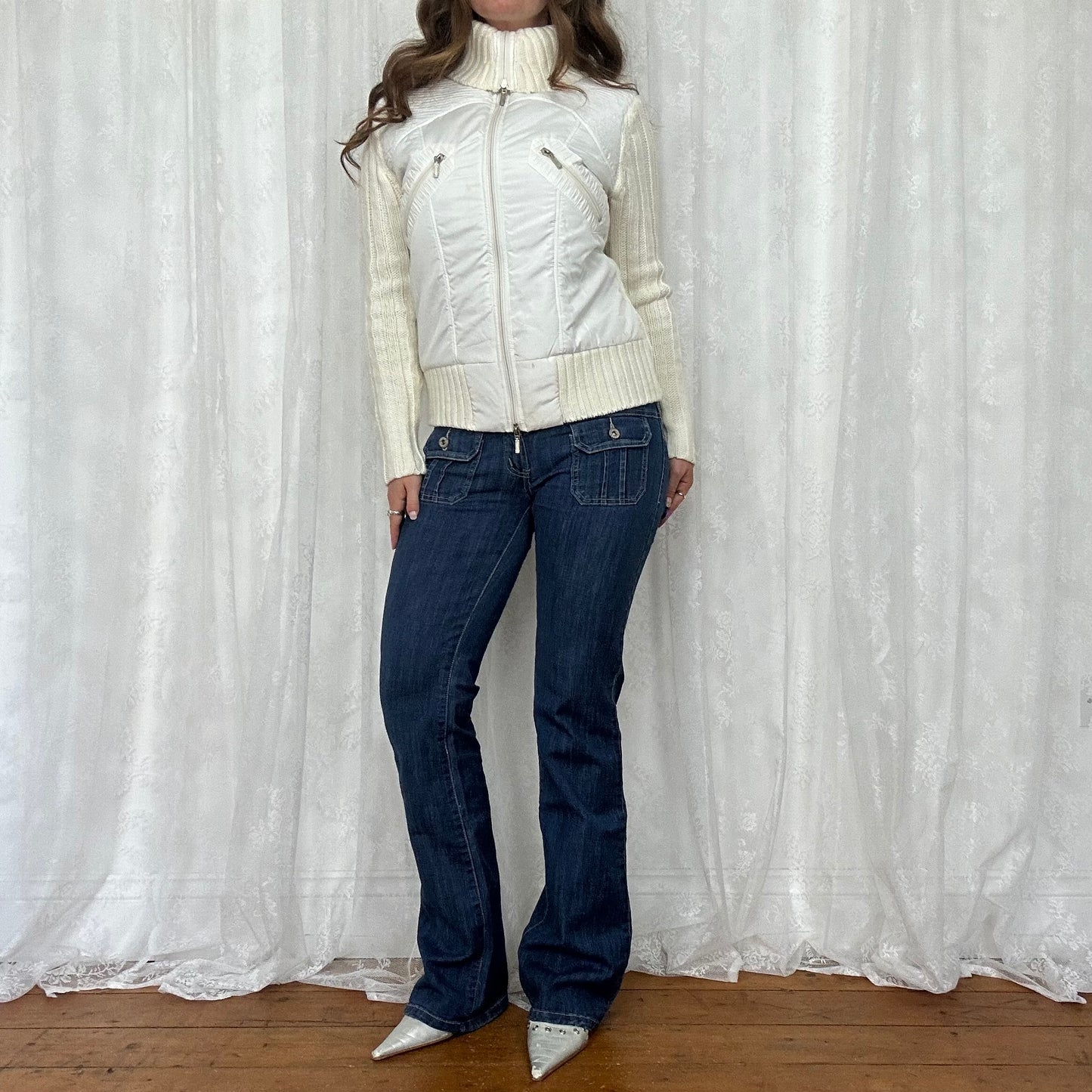 vintage 00s white cream cable knit puff jacket/jumper