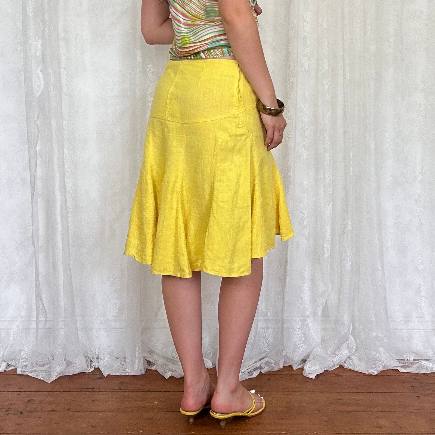 vintage 00s yellow linen ruffle midi skirt