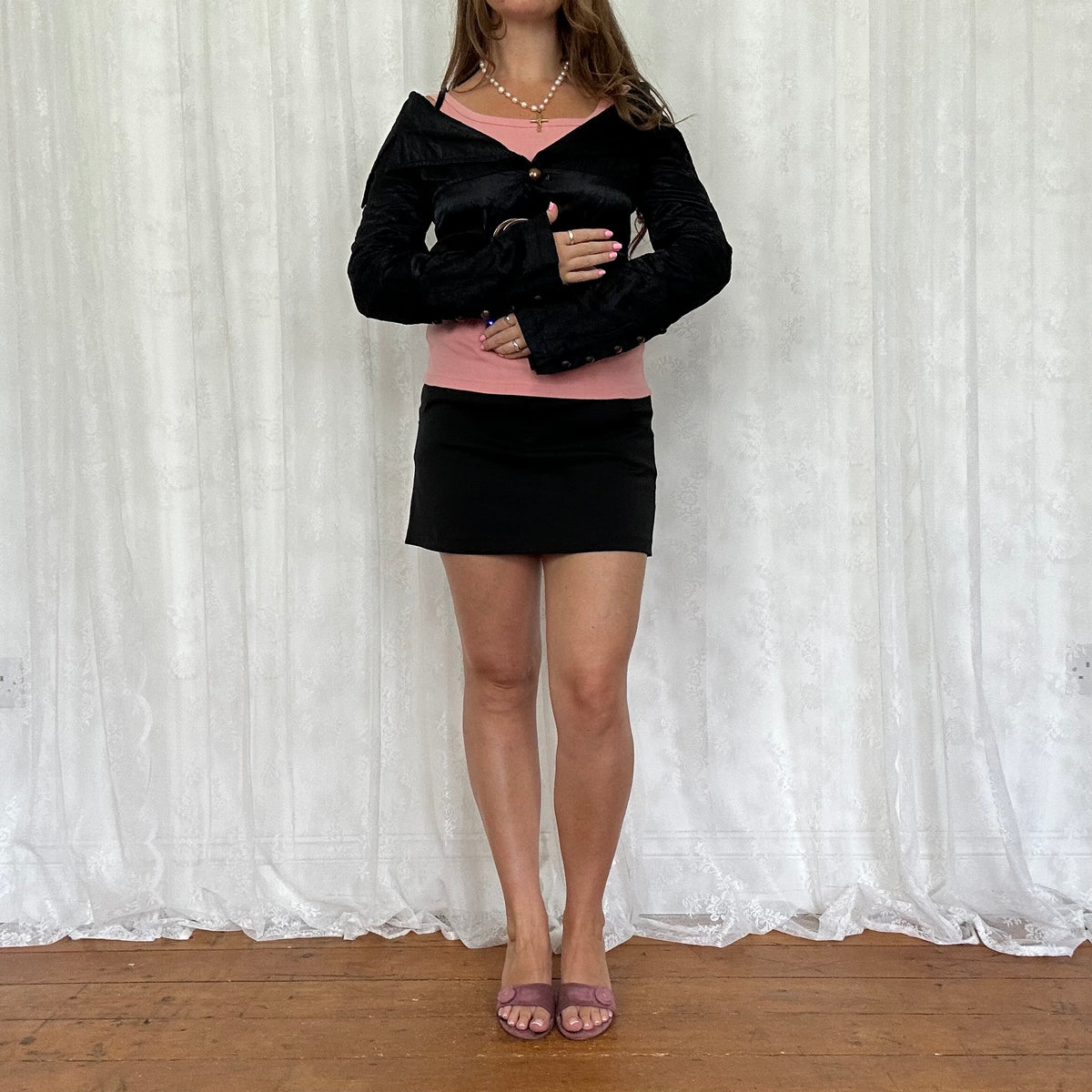 vintage 00s black cropped off shoulder jacket