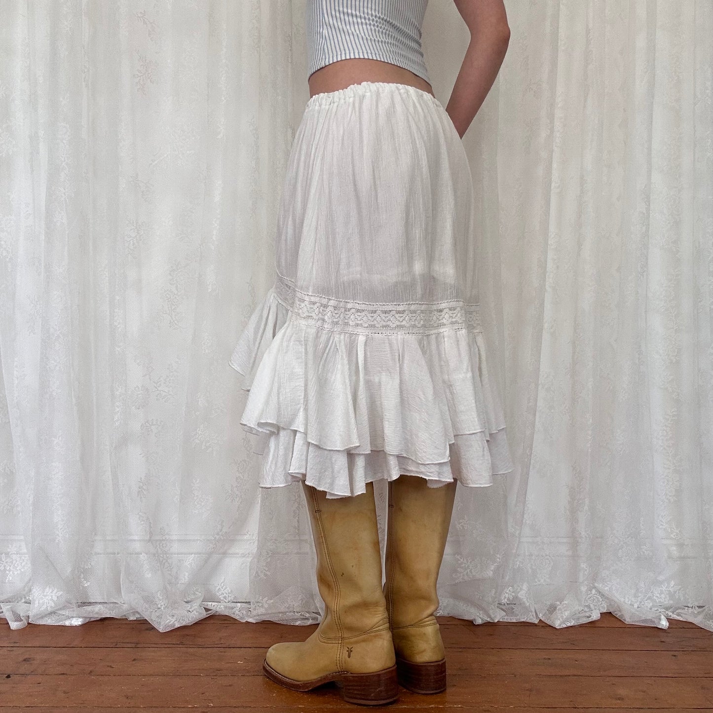 vintage 00s white ruffle hem asymmetrical midi skirt