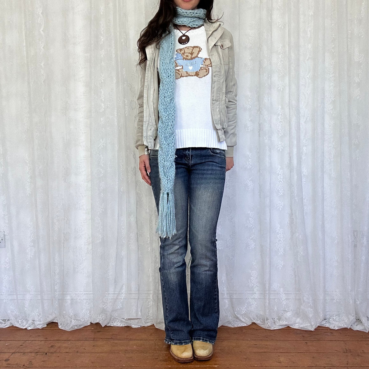 vintage 00s blue chunky crochet knit scarf
