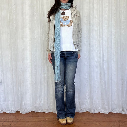 vintage 00s blue chunky crochet knit scarf
