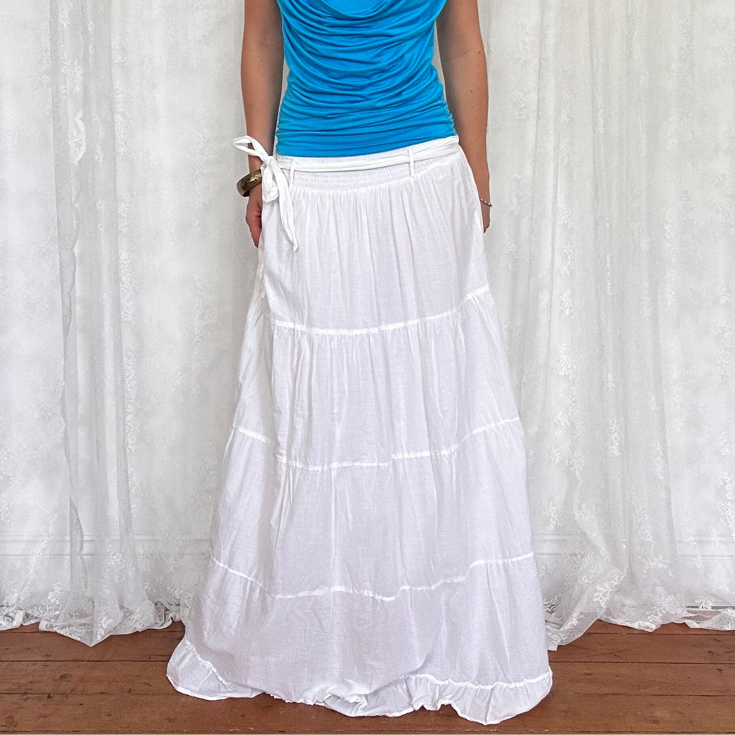 vintage 00s white tiered maxi skirt with attached belt