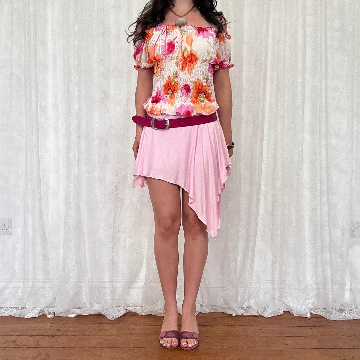 vintage 00s floral shirred milkmaid top