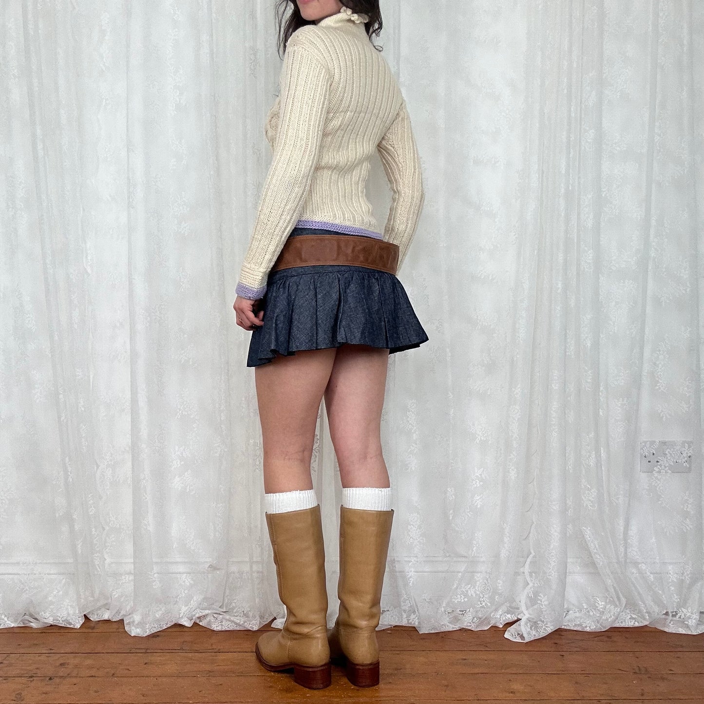 vintage 00s cream roll neck knitted jumper with lilac trim