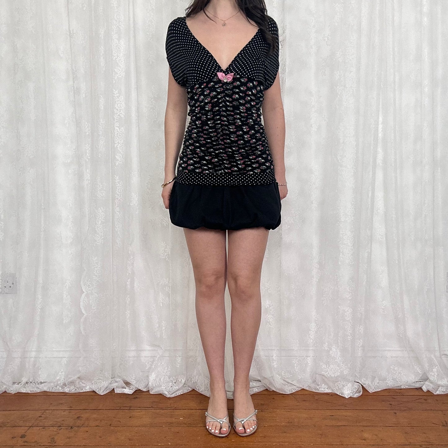 vintage 00s black ruched polka dot and floral top