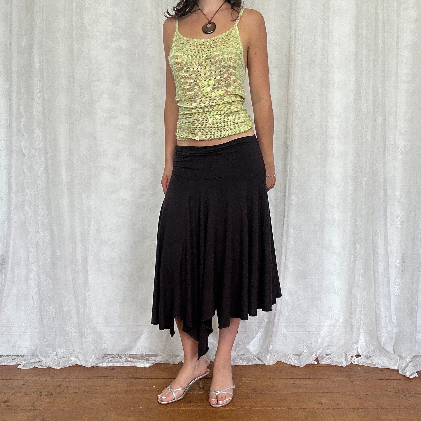 vintage 00s brown asymmetrical hem midi skirt