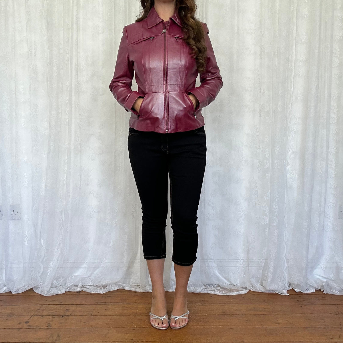 vintage 00s magenta metallic leather jacket