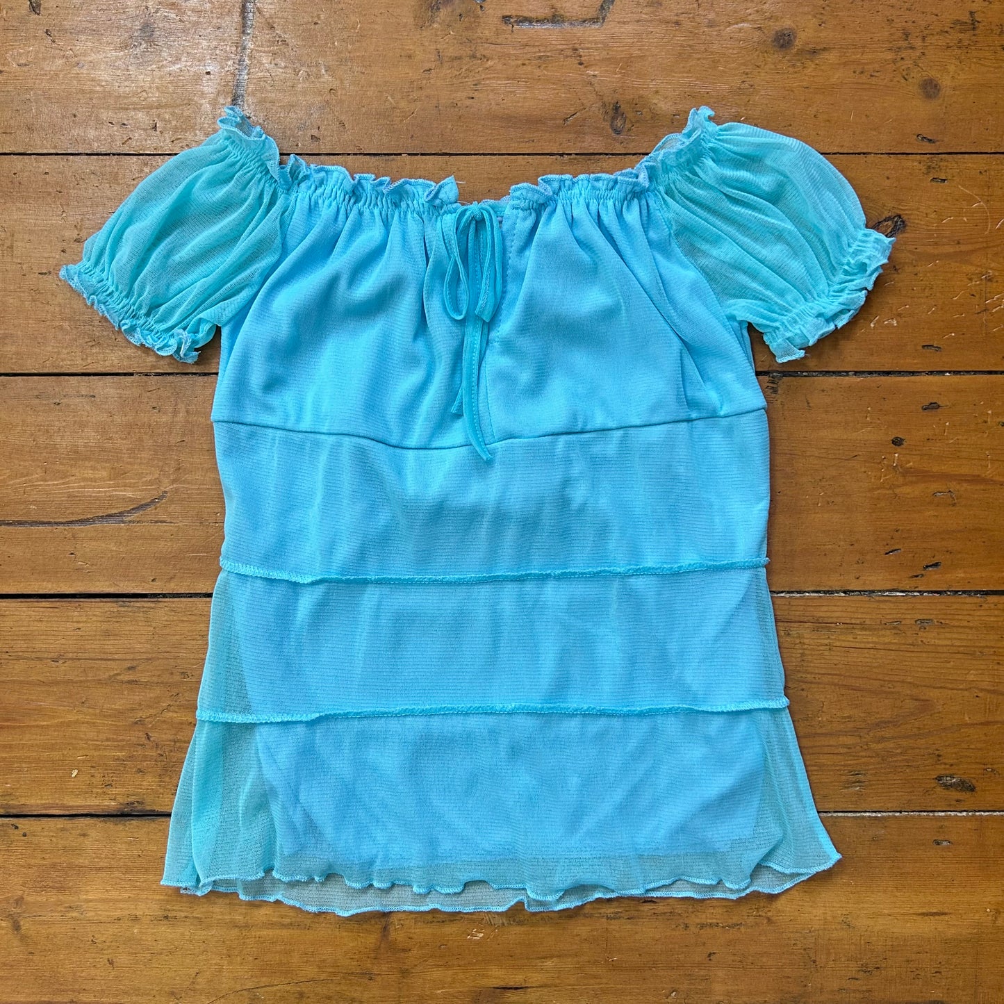 vintage 00s baby blue mesh milkmaid style top