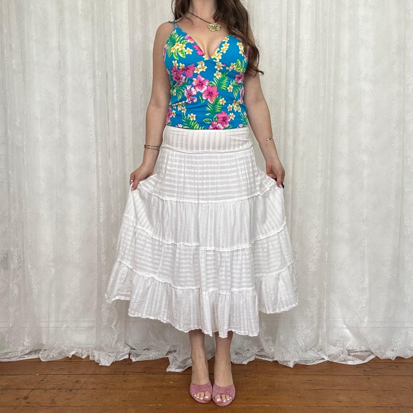 vintage 00s white striped tiered midi skirt