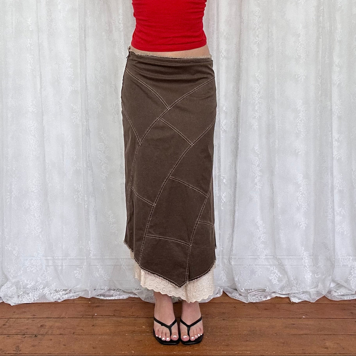 vintage 00s brown patchwork maxi skirt