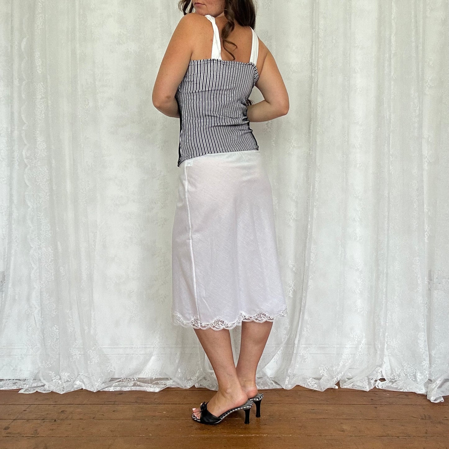 vintage 00s white lace detail slip midi skirt