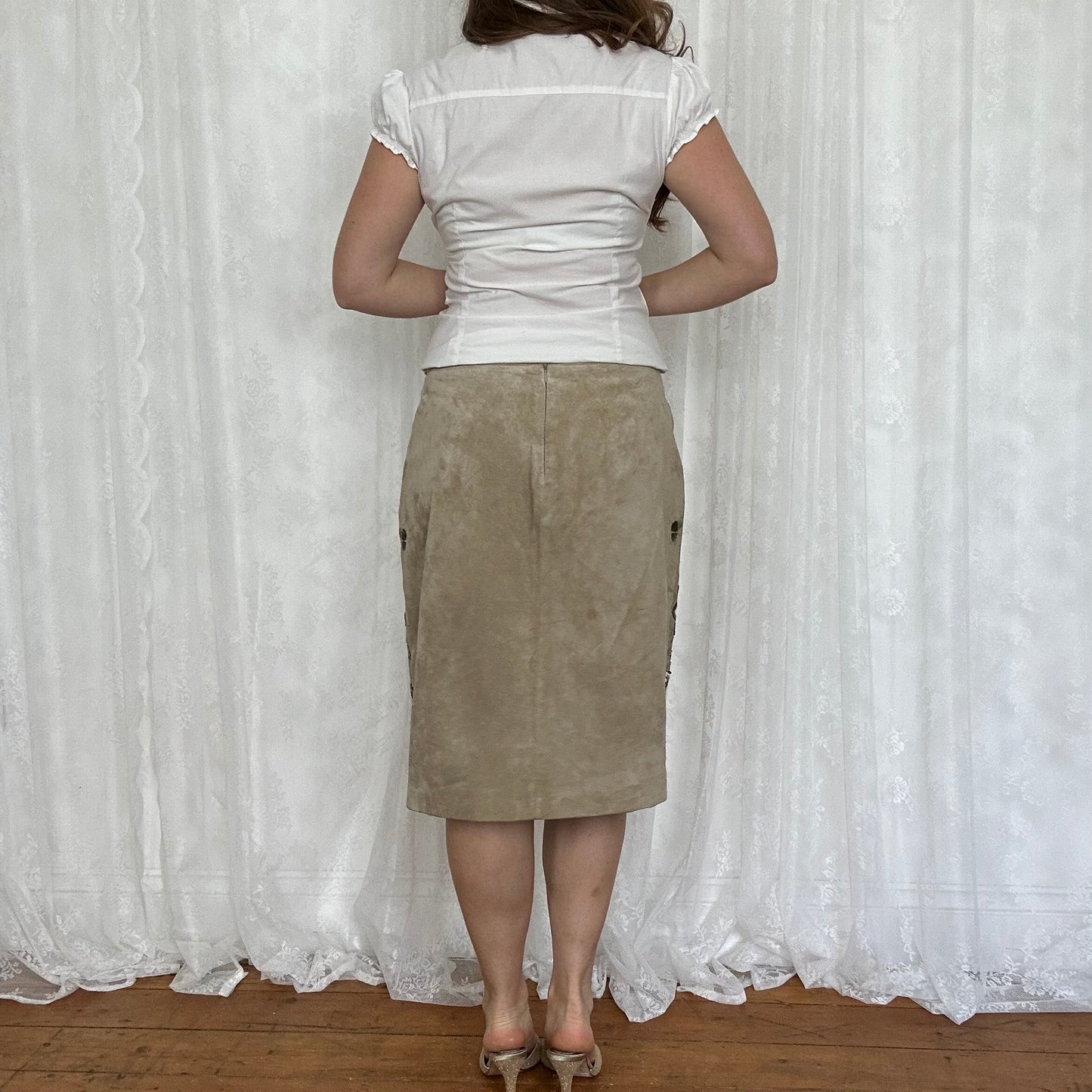 vintage 00s leather sequin embroidered midi skirt