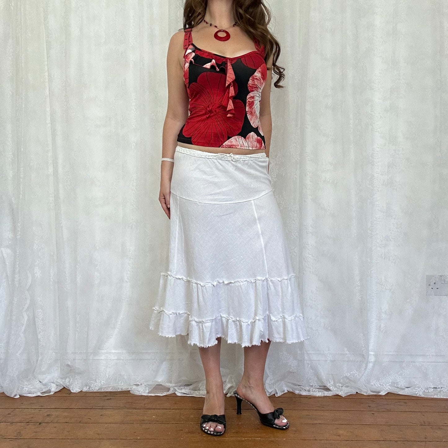 vintage 00s red and black floral cami