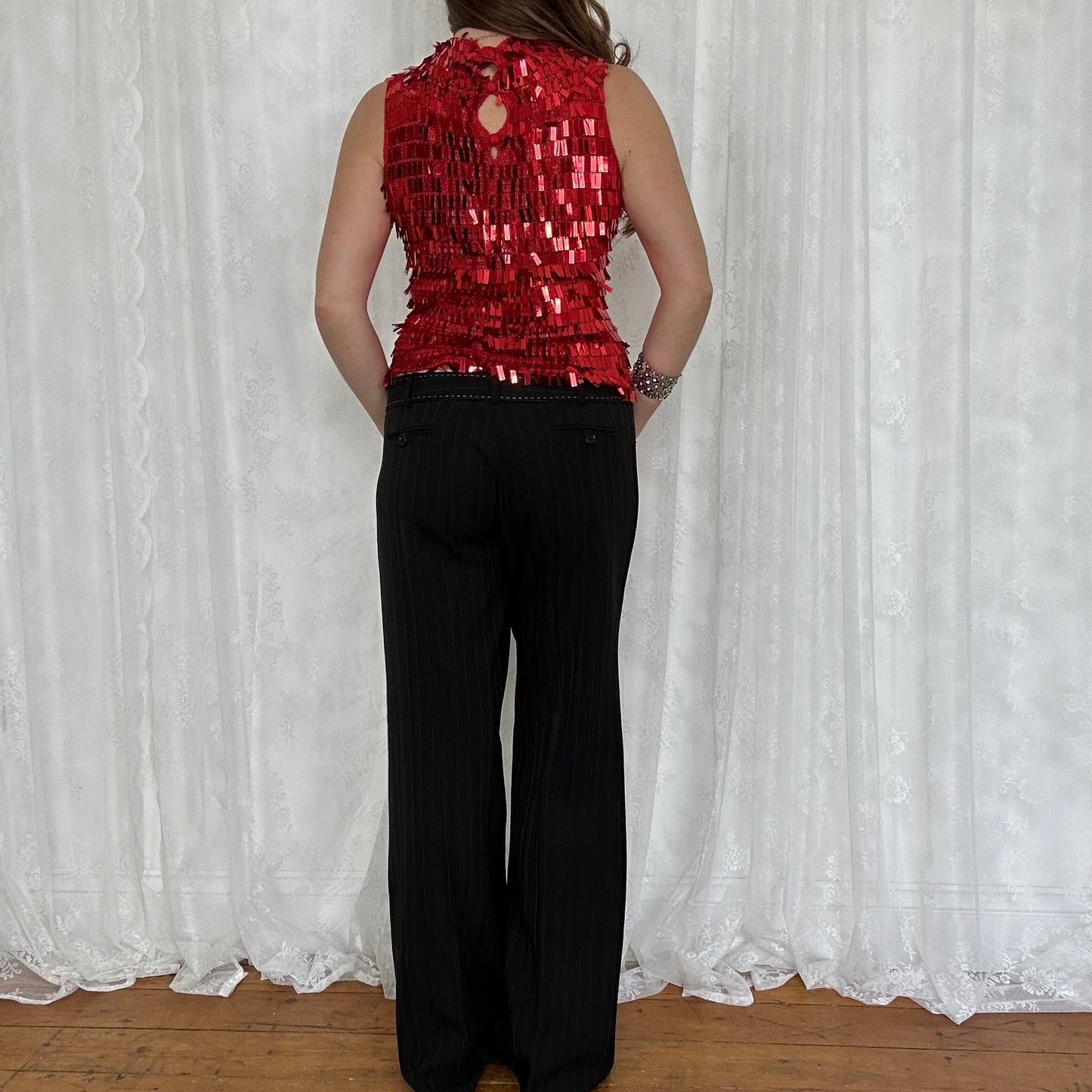 vintage 00s red sequin crochet top