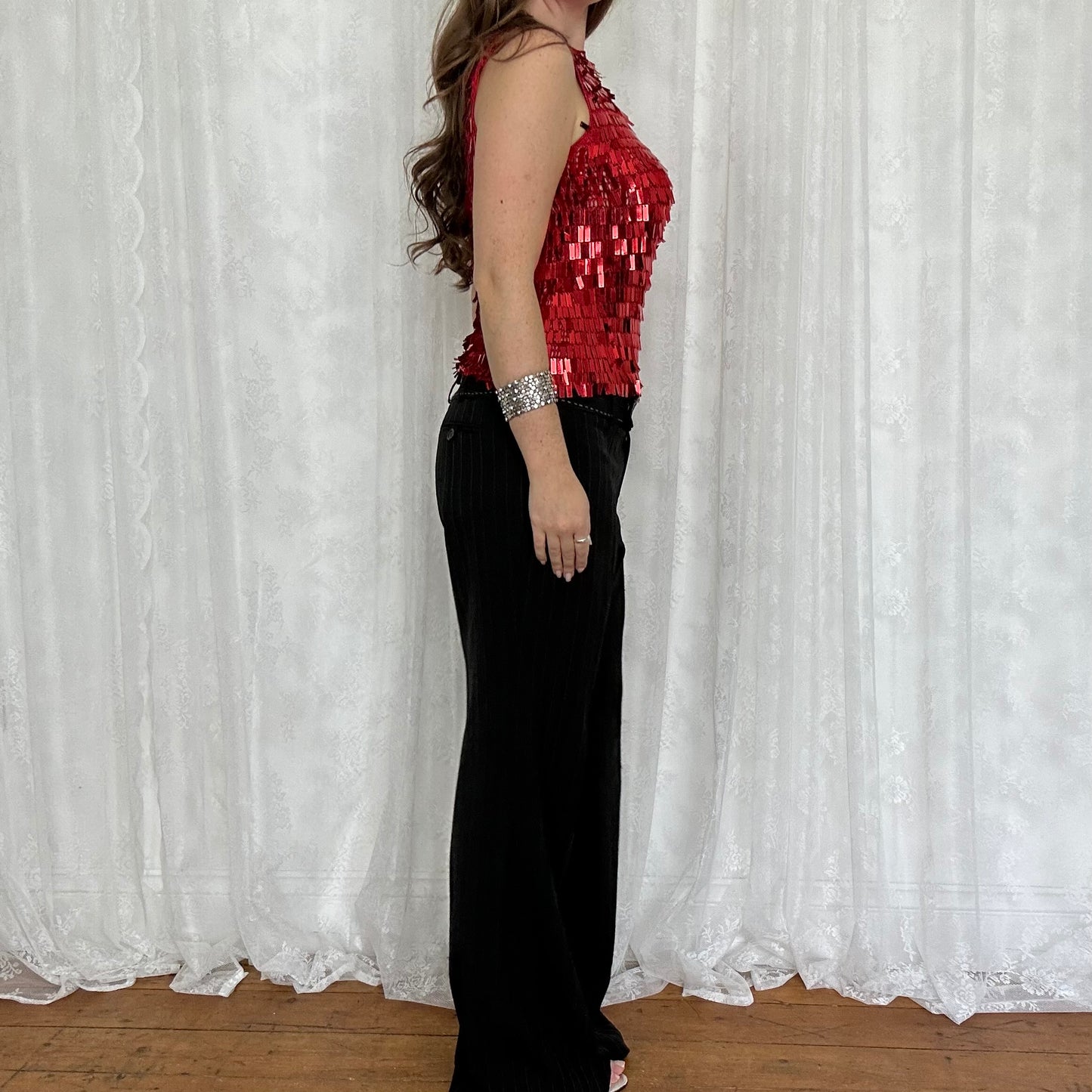 vintage 00s red sequin crochet top