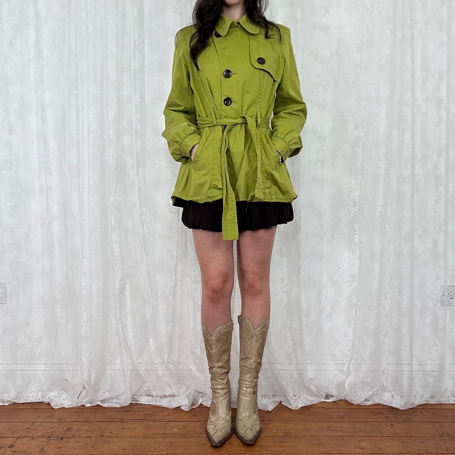 vintage 00s chartreuse green long peacoat