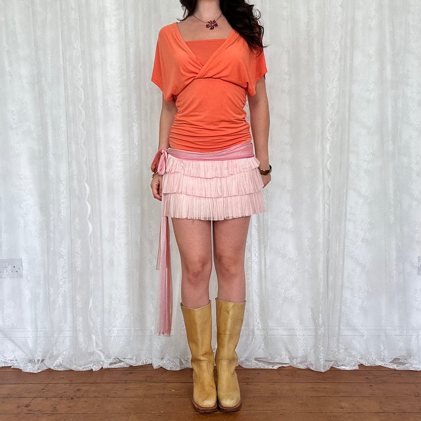 vintage 00s pink silk ruffle mini skirt with tie up belt