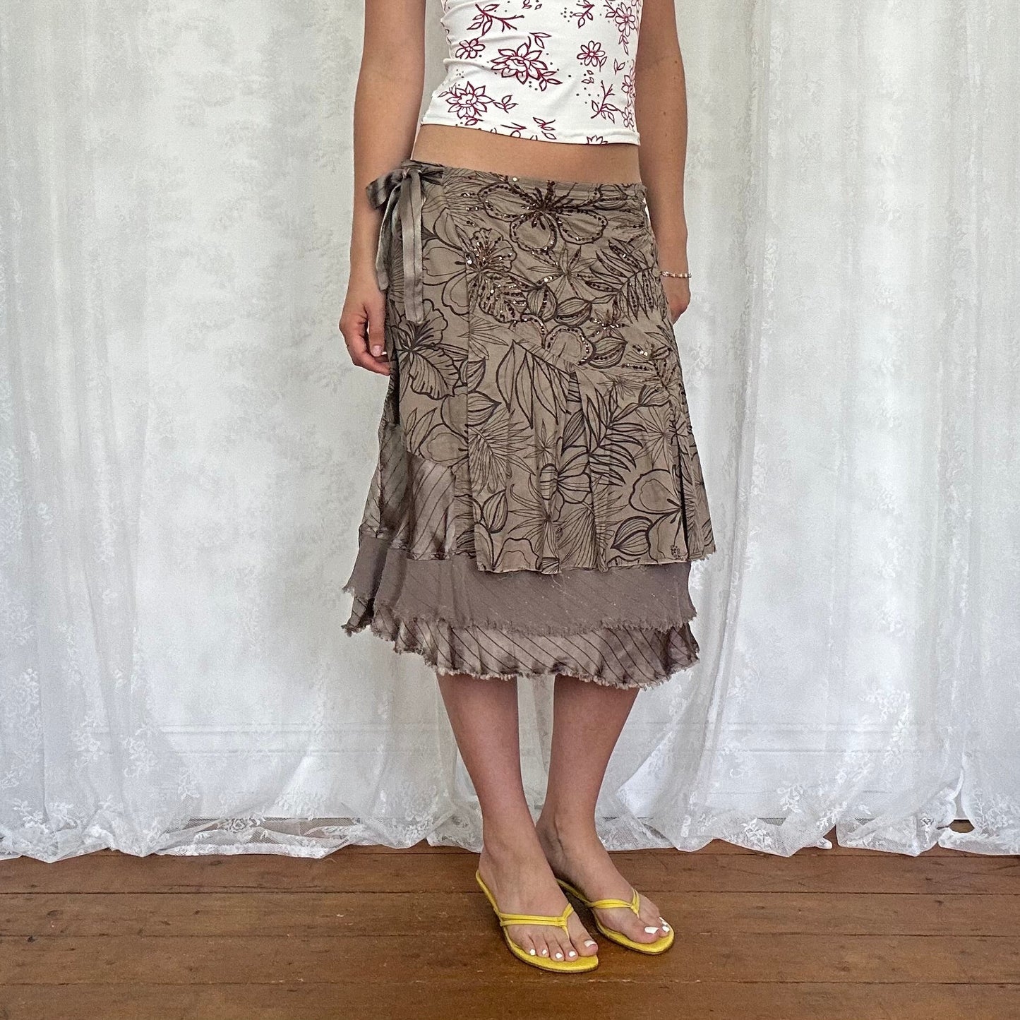 vintage 00s brown floral midi skirt