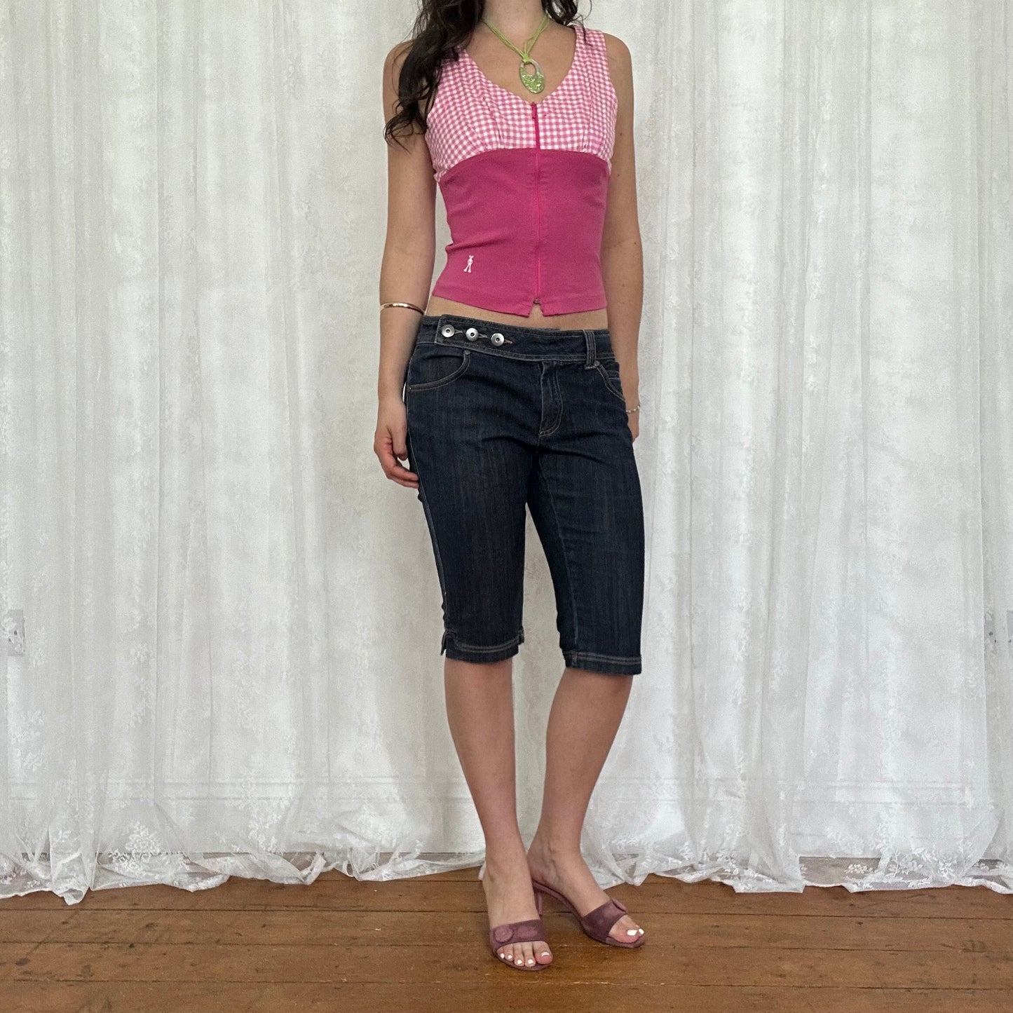 vintage 00s pink gingham zip up top